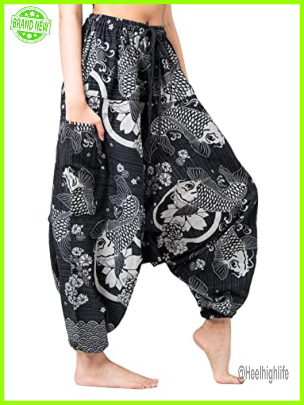 Boho Harem Pants Cotton Polyester Blend Elastic Waist Ankle Cuffs Side Pocket